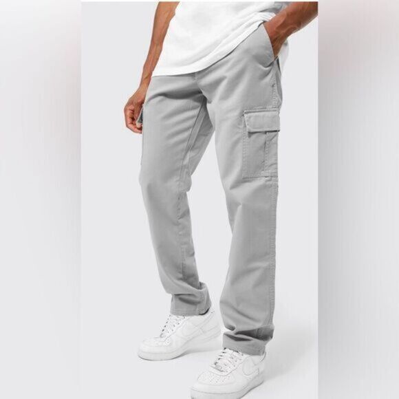 NWT Boohoo Men’s Gray Pull On Straight Leg Twill Cargo Pants - Size 30” - Picture 1 of 10